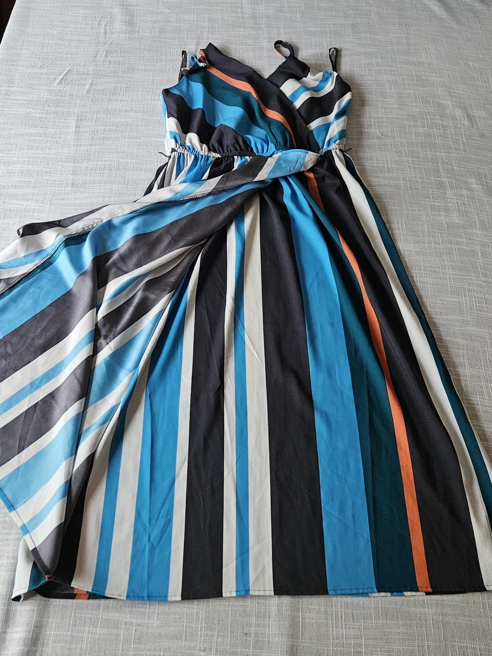 ​ANN TAYLOR LOFT Striped Faux Wrap Maxi Dress Small Blue Teal Orange Ruffle - Picture 13 of 16
